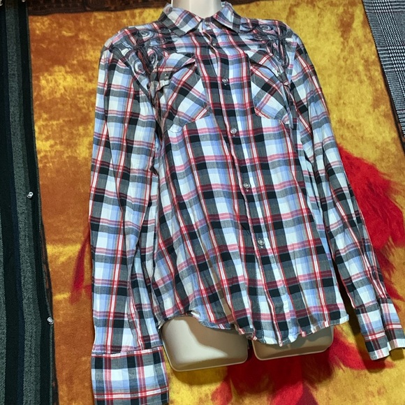 POP ICON-plaid flannel long sleeve stitch-embroidered design button-up shirt - Picture 3 of 10